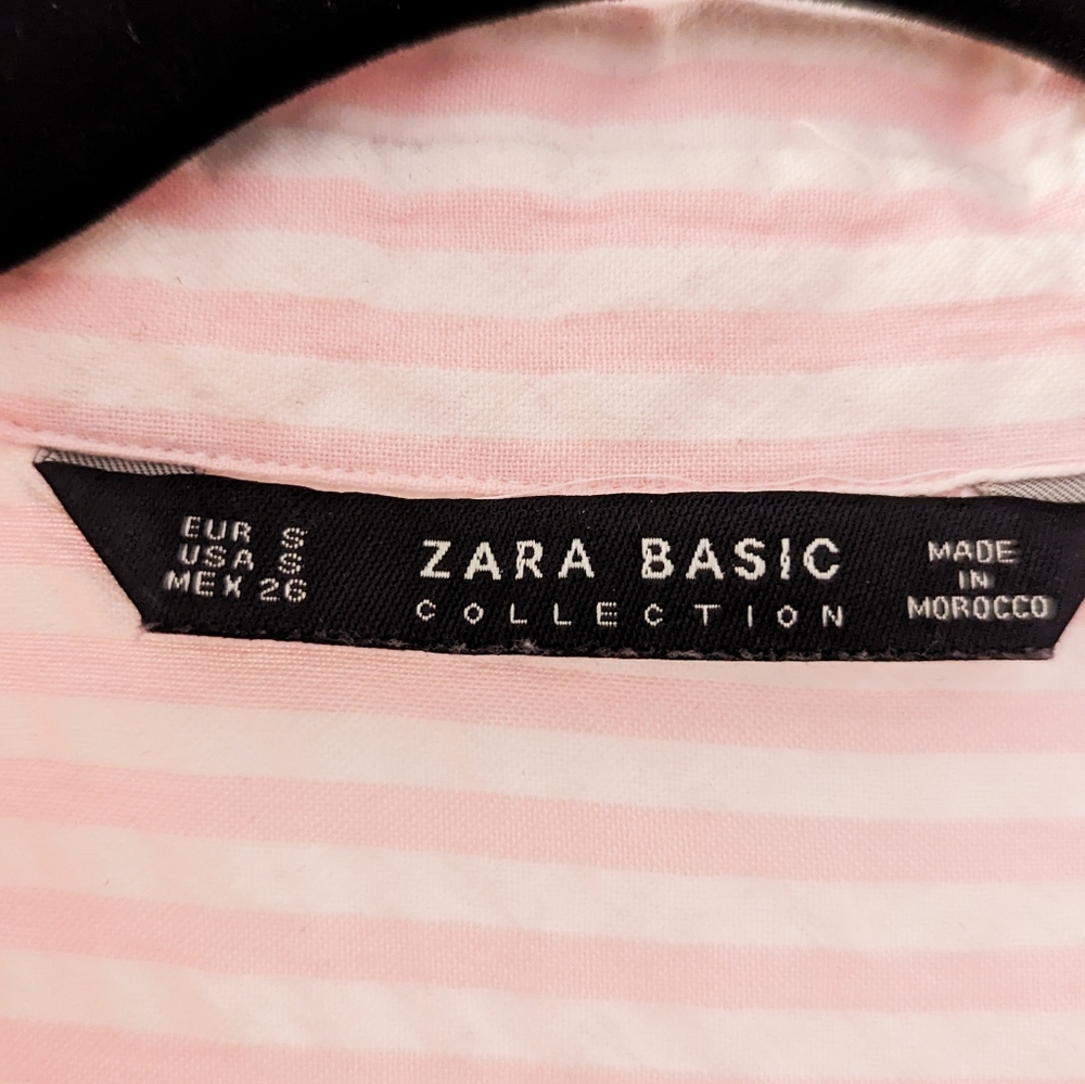 SOLD π« Zara Basic Poplin Popcorn Fun Patch Pink Striped Collared Shirt, Small - Picture 6 of 7